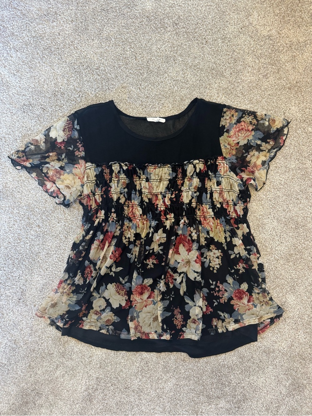 Maurices Black Floral Short-Sleeve Smocked Blouse